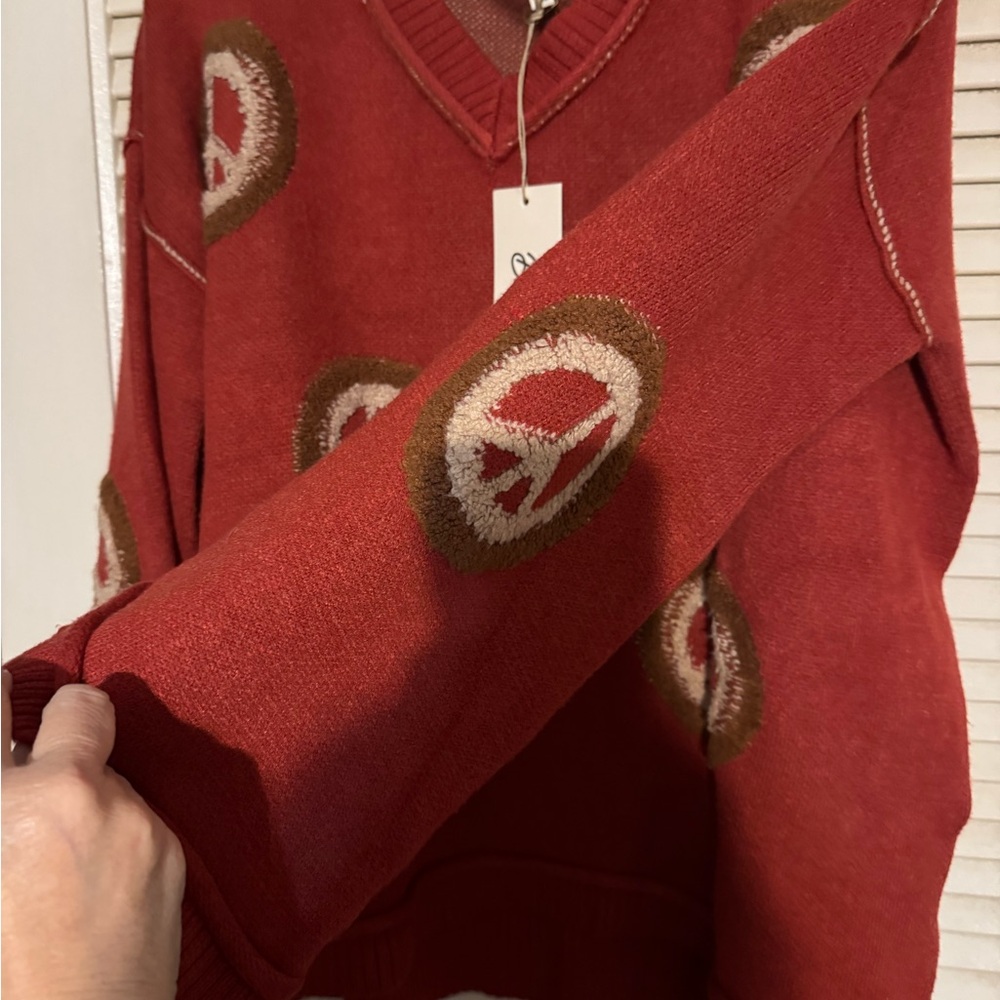 Stylish Rust V-Neck Peace Sweater by Blue Velvet - Picture 2 of 5